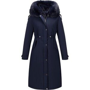 Women's Winter Warm Long Overcoat Hooded Puffer Jacket Dark Blue Fur Collar